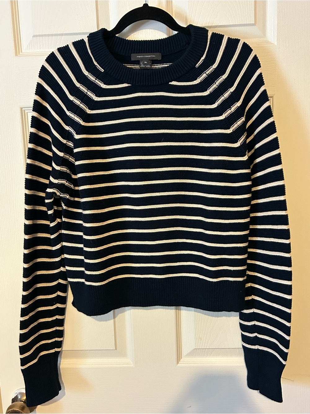 French Connection 100% Cotton Striped Navy and Cream Crewneck Sweater - size XL